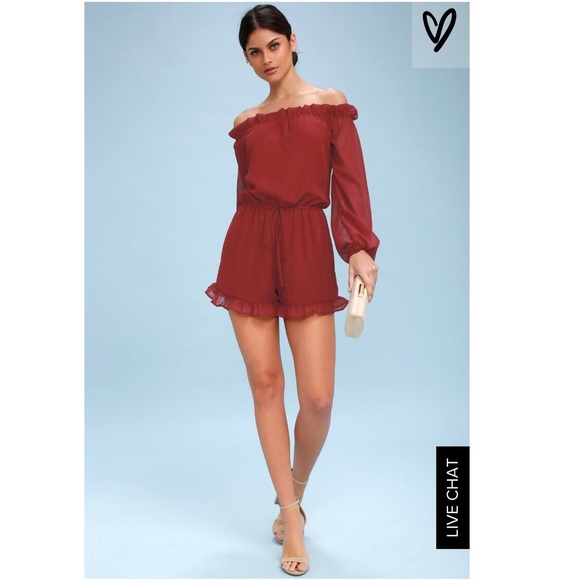 Lulu’s- Wine Red Medium Off the Shoulder Romper - Picture 2 of 2